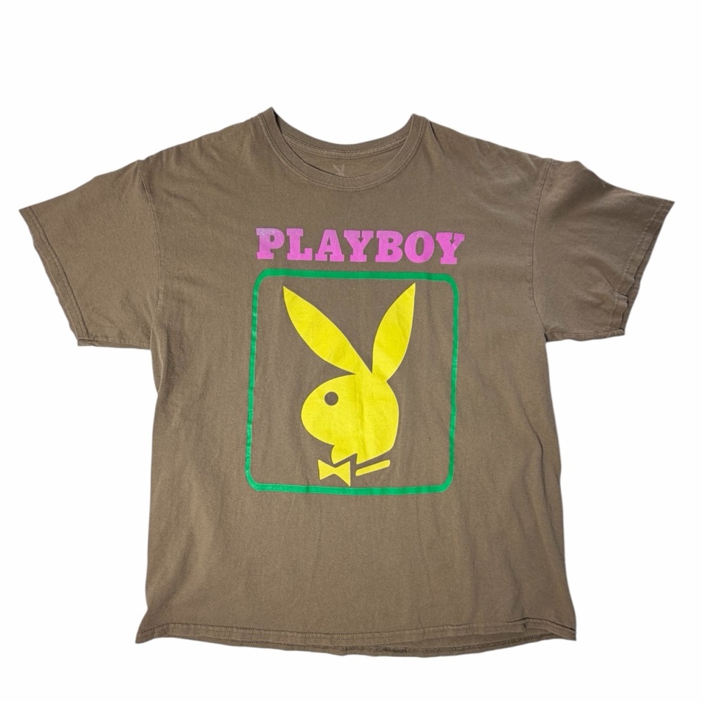 Playboy Tee Unisex Distressed Brown Neon Bunny Logo Graphic T-Shirt Size XL